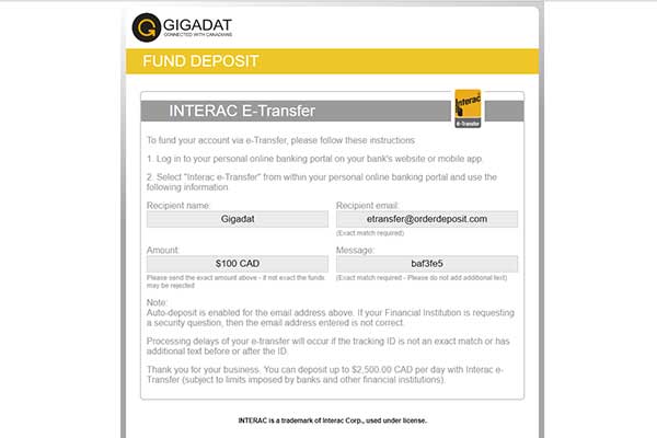 Interac e-transfer casino transaction screen