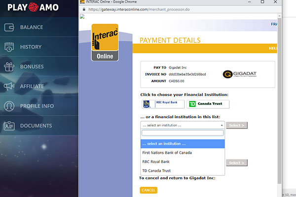 Playamo casino deposit screen with interac online 