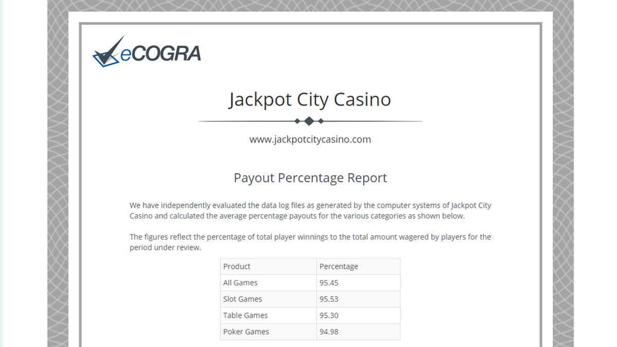 eCOGRA payout percentage report Jackpot City