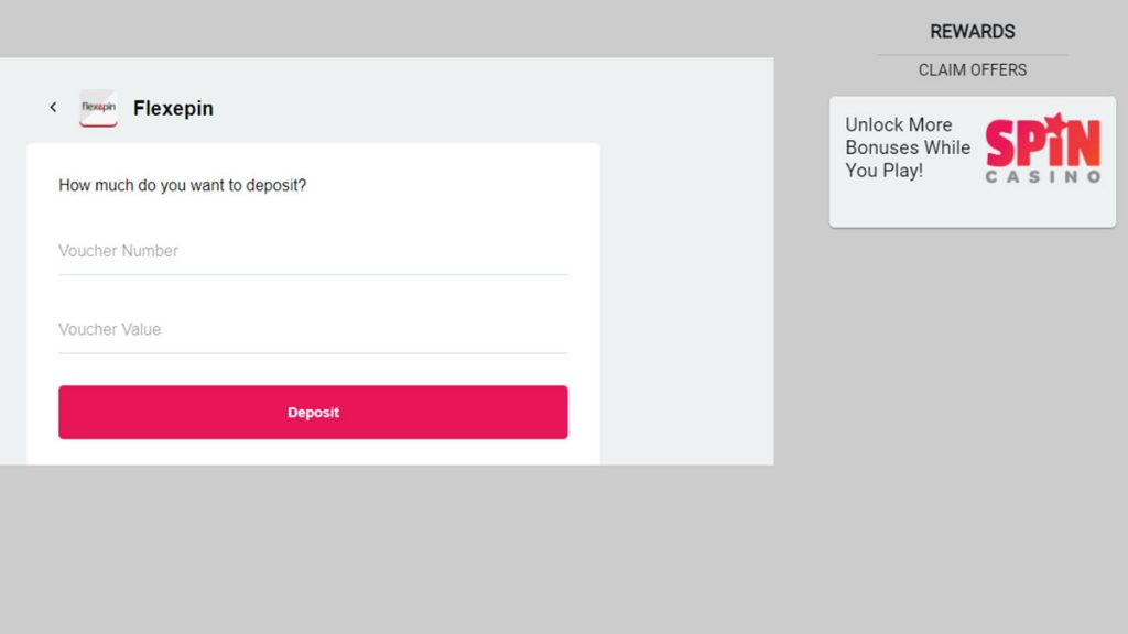 Flexepin  casinos - deposit screen at Spin Casino