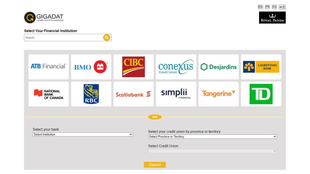 Gigadat casino deposit screen bank selection