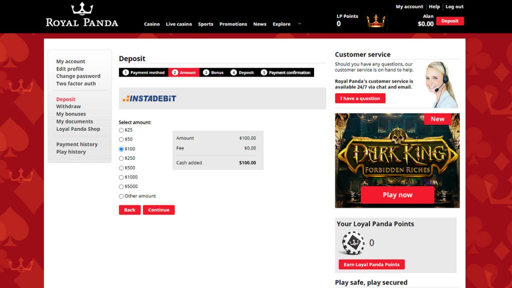 Instadebit casino deposit amount screen