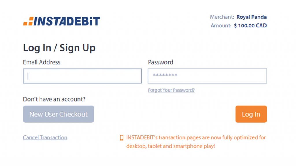 Instadebit casino deposit login screen