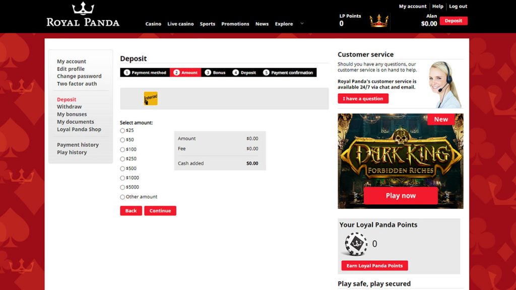 Royal Panda Casino e-Transfer Deposit screen amount