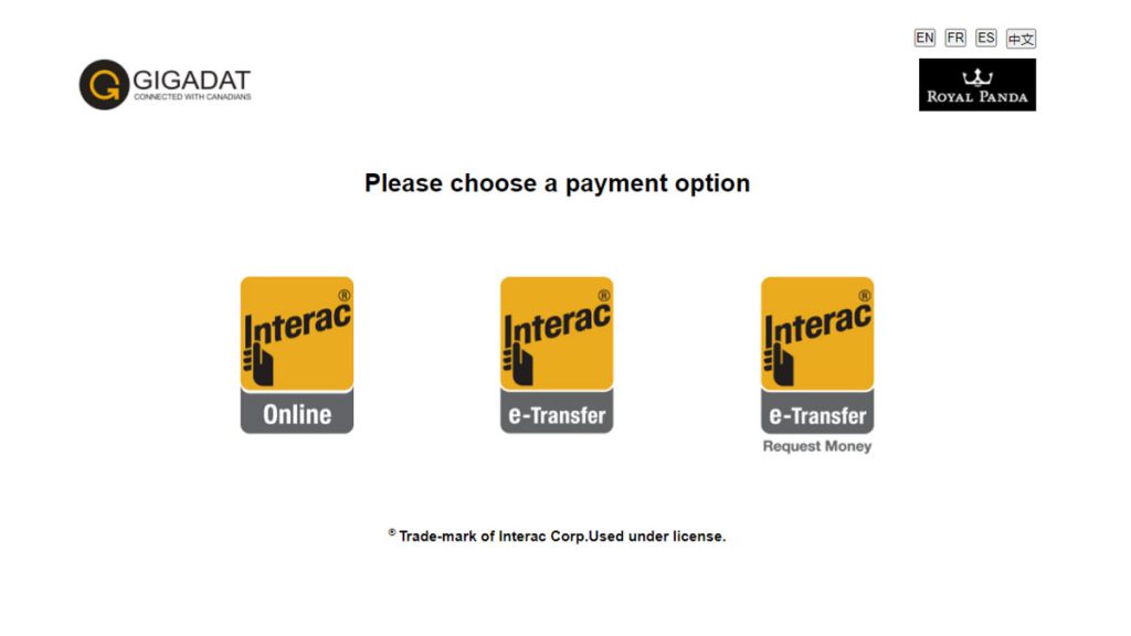 Interac Online casino deposit choice screen