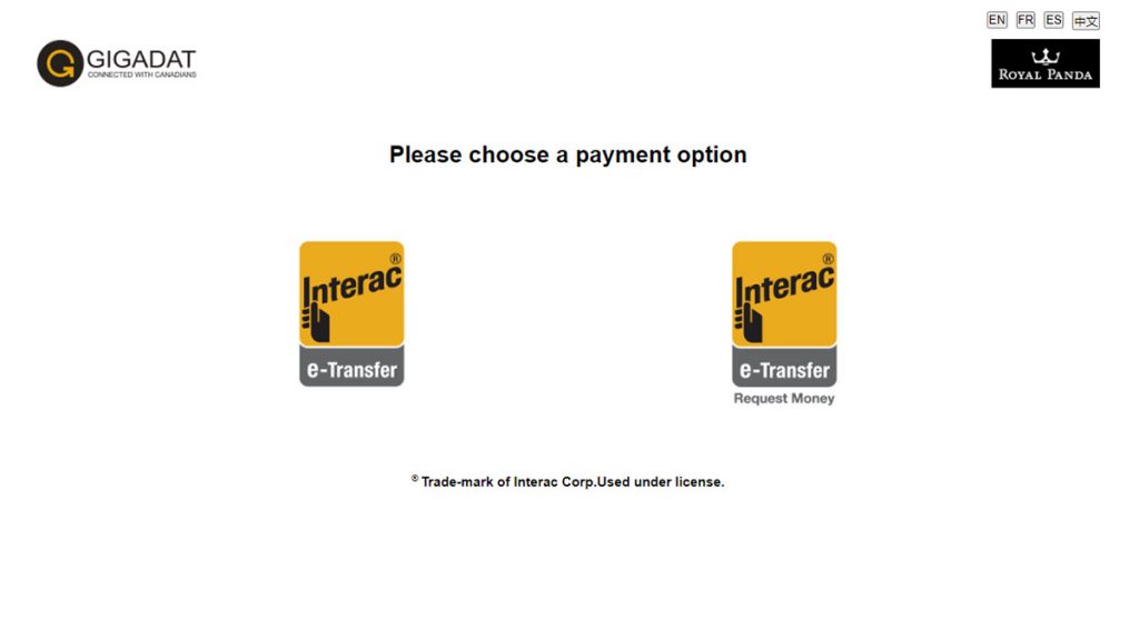 iNTERAC eTransfer deposit method choice screen