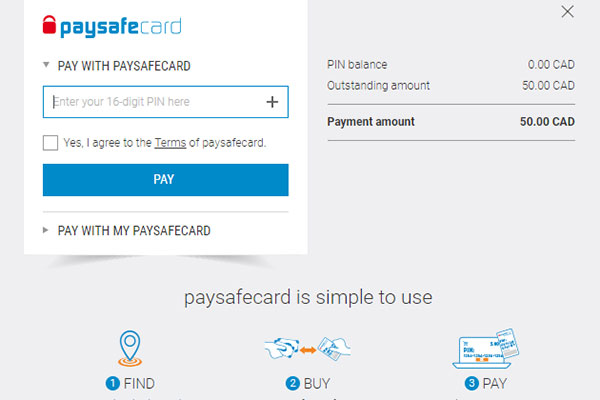 Paysafecard casino deposit screen