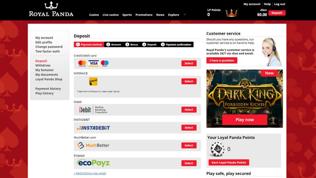 Royal Panda interac online Deposit Screen