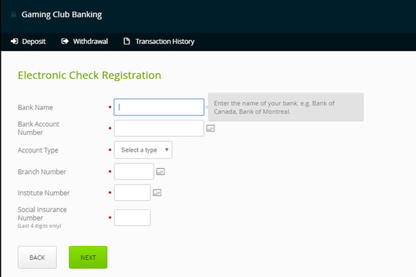 eCheck casinos deposit screen at Gaming Club casino