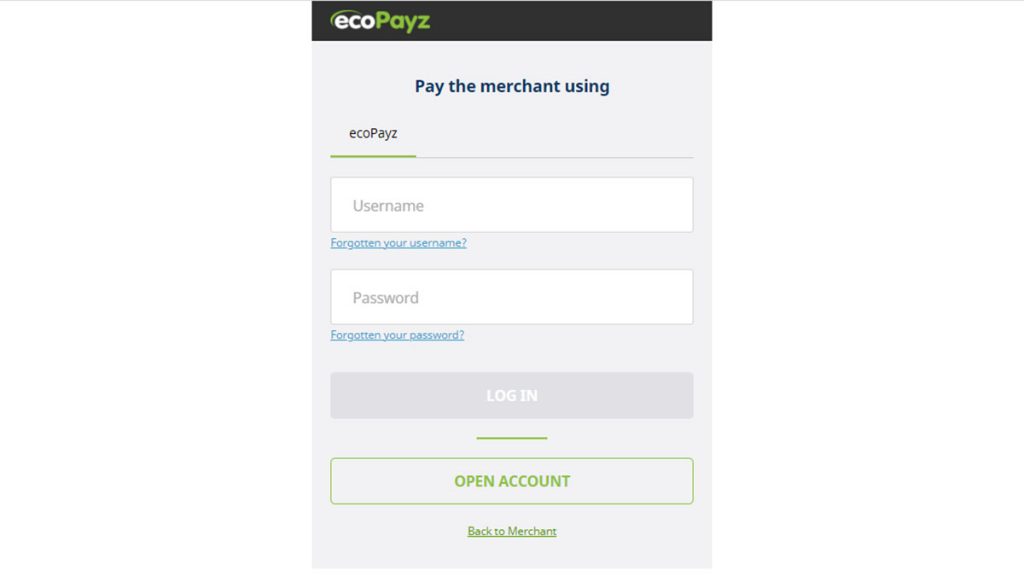 ecoPayz casinos deposit login screen