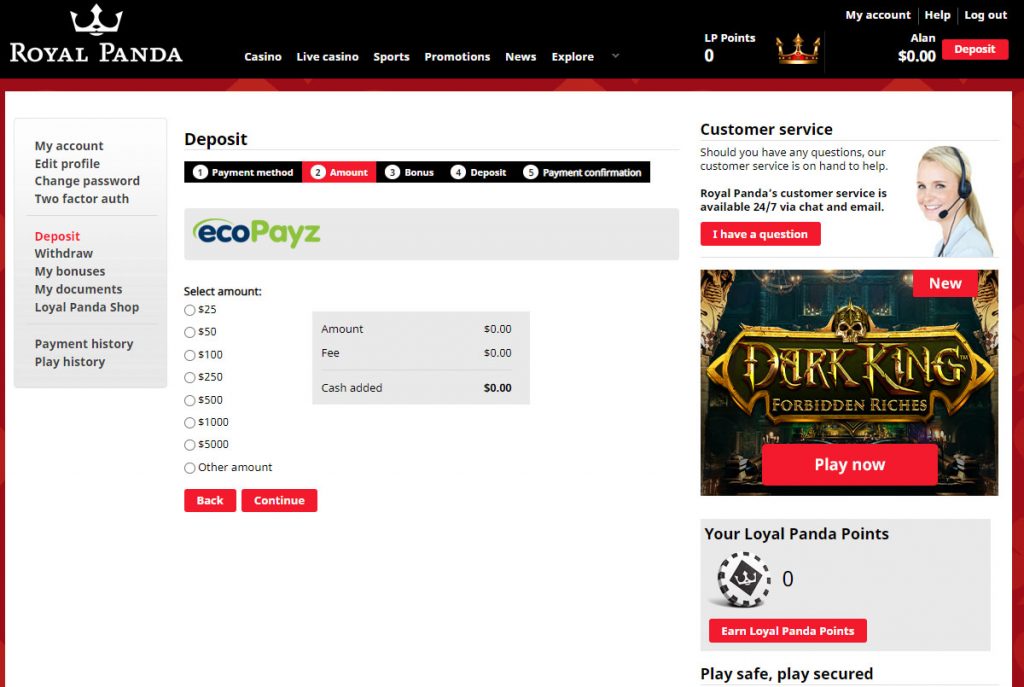 EcoPAyz casinos deposit amount screen