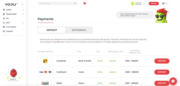 YOJU Casino payment options 