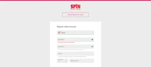 Sign up to Spin Casino