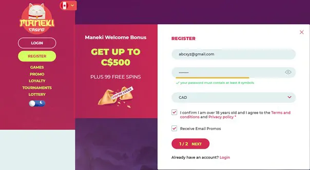 Maneki Casino register form 