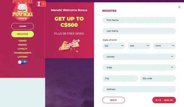 Maneki Casino how to sign up 