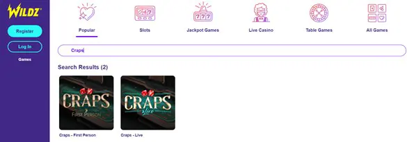 Wildz Casino homepage 