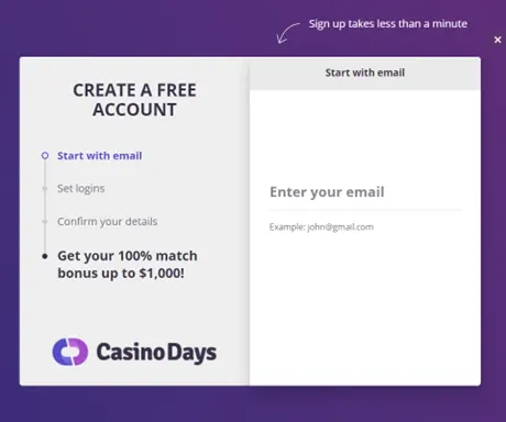 Signing up with Casino Days step 1 