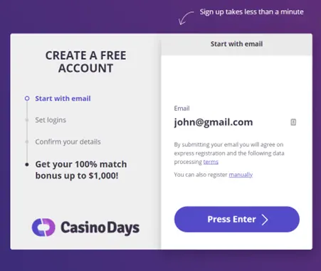 Step 2 of opening an account with Casino Days 