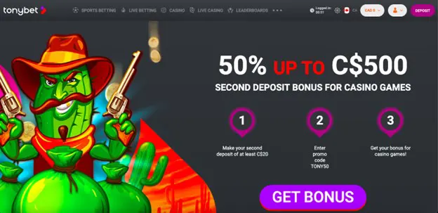 Second deposit bonus at TonyBet Casino 