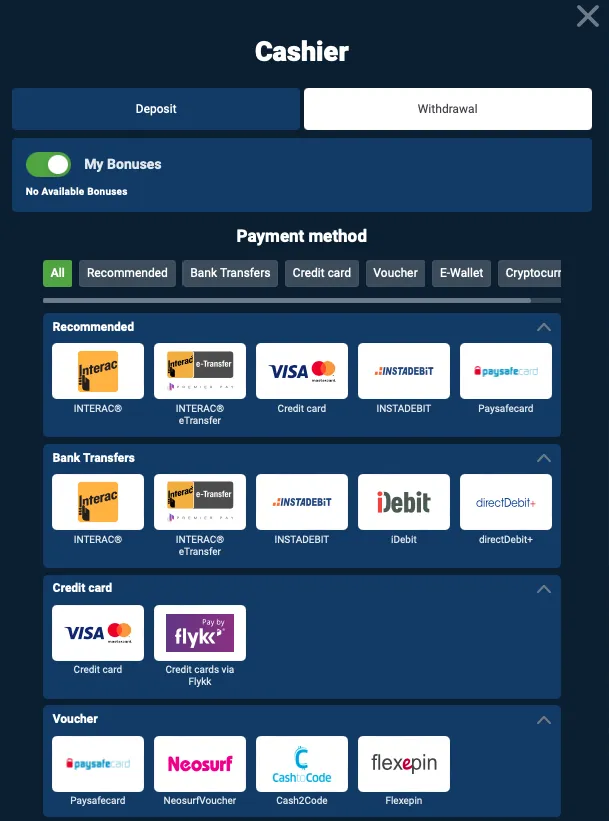 20Bet Casino payment methods