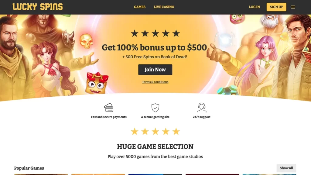 Lucky Spins casino homepage