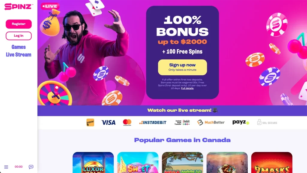 Spinz Casino homepage CA